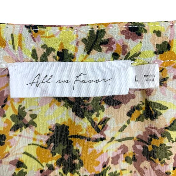 ALL IN FAVOR Women's L Yellow Purple Floral Pintuck Ruffle Cuff Blouse - Picture 6 of 8